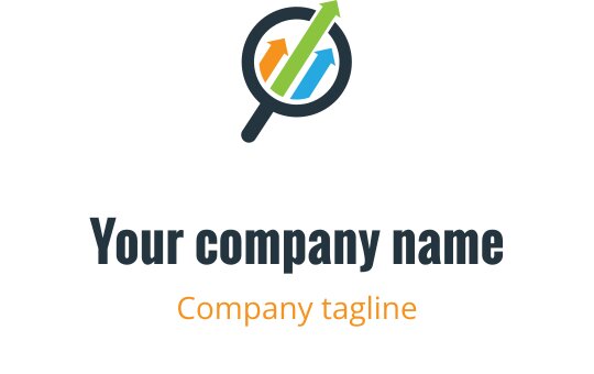 Logo moderno con una lente d'ingrandimento e frecce colorate verso l'alto