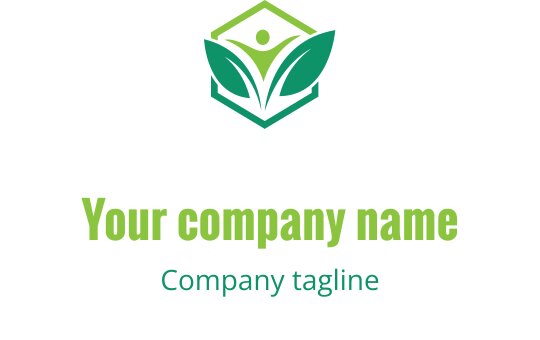 Design del logo moderno con un esagono verde, foglie e una figura umana