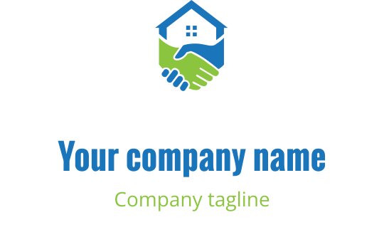 Logo moderno con una casa e una stretta di mano in blu e verde