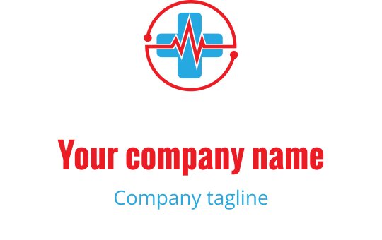 Logo moderno con una croce medica blu e una linea del battito cardiaco