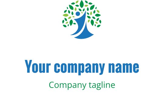 Design del logo moderno con un albero stilizzato e figure blu