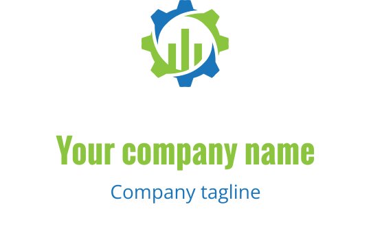 Design del logo moderno con ingranaggio e grafico a barre in verde e blu