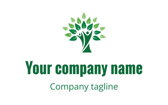 Logo moderno di un albero con foglie verdi e figure umane
