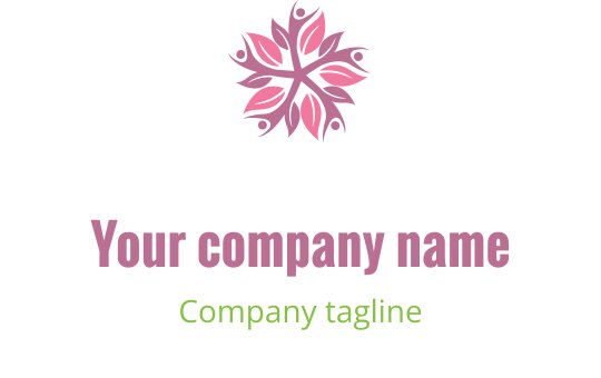 Logo design elegante con fiori rosa, petali arrotondati e testo verde