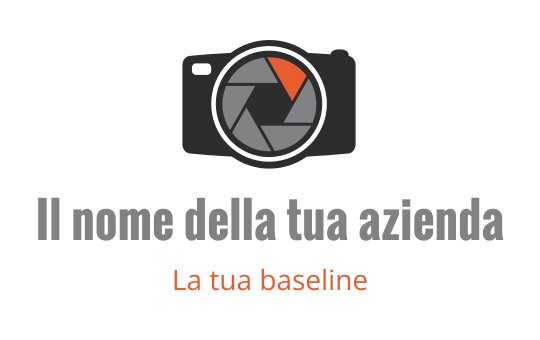 Logo di una fotocamera moderna con obiettivo stilizzato e accento arancione