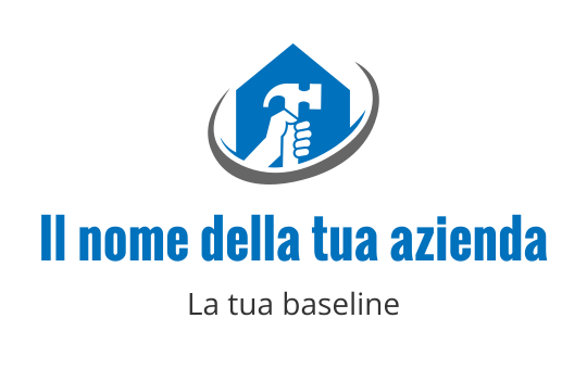Logo moderno con una mano che tiene un martello all'interno di una forma di casa blu