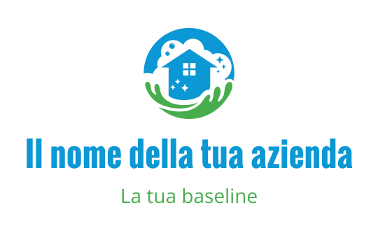 Logo moderno con una casa circondata da mani verdi e elementi blu
