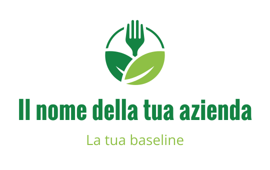 Design del logo moderno con una forchetta e foglie verdi in un layout circolare