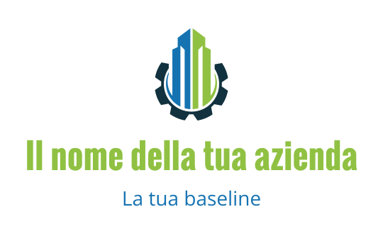 Design del logo moderno con un grattacielo blu e verde all'interno di una forma di ingranaggio