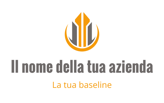 Logo moderno con una penna stilizzata e elementi circolari in arancione e grigio