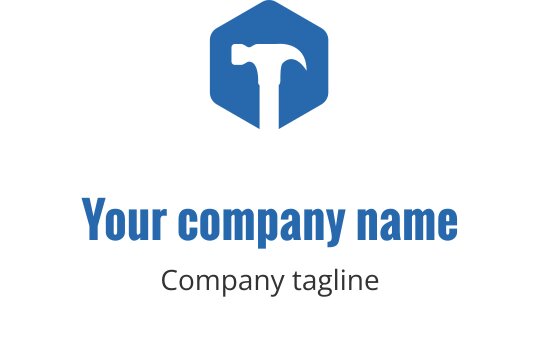 Logo design moderno di un martello blu all'interno di una forma esagonale