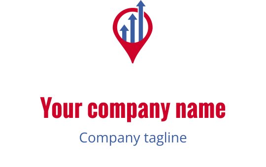 Logo design moderno di un pin di posizione con frecce verso l'alto in blu e rosso