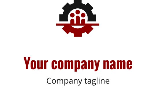 Design del logo moderno con un ingranaggio e tre figure in rosso e nero