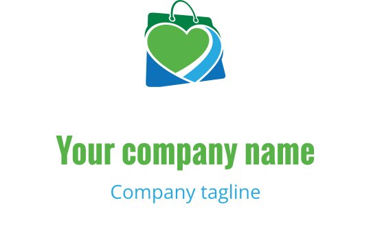 Logo creativo a forma di cuore con elementi di shopping verdi e turchesi