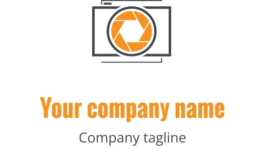 Design del logo moderno con un obiettivo della fotocamera grigio e accenti arancioni