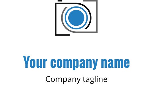 Design del logo moderno con un obiettivo della fotocamera blu e grigio con contorno nero elegante