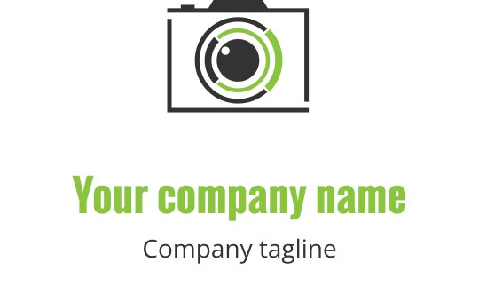 Logo moderno verde lime con un obiettivo della fotocamera stilizzato