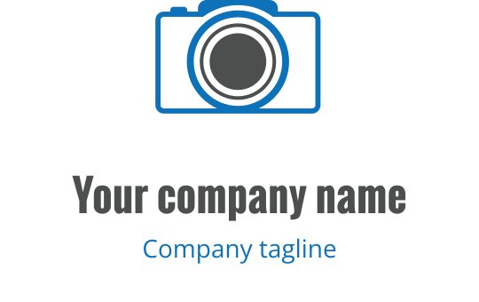 Logo design in turchese e grigio con un obiettivo della fotocamera stilizzato