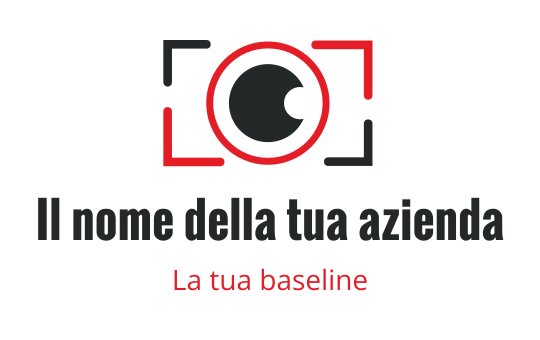 Design del logo di una moderna fotocamera con obiettivo circolare e accenti rossi