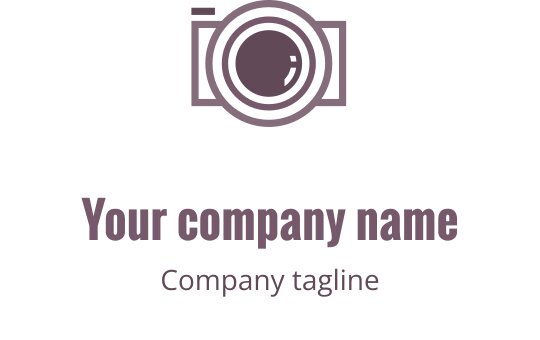 Logo creativo viola e marrone con una fotocamera stilizzata