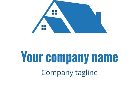 Logo design di una casa moderna blu con tetto triangolare e finestre