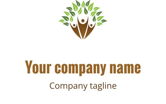 Design del logo moderno con un albero, figure umane e foglie verdi