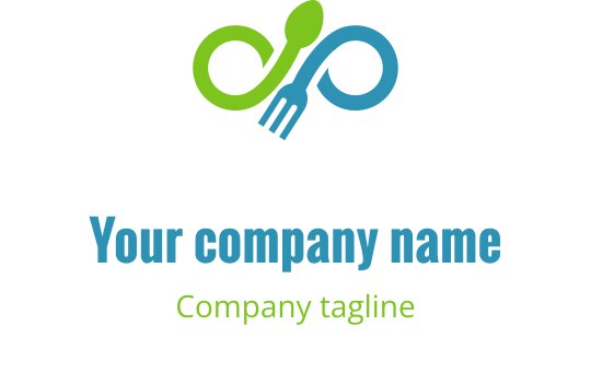 Design del logo moderno con una forchetta e un cucchiaio in verde e blu