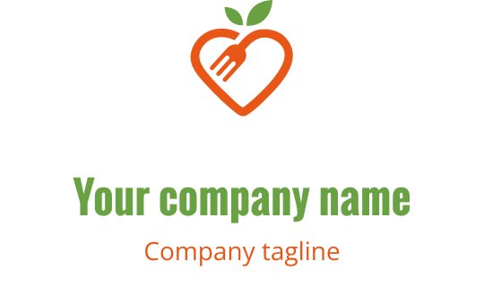 Logo a forma di cuore con una forchetta e foglie verdi