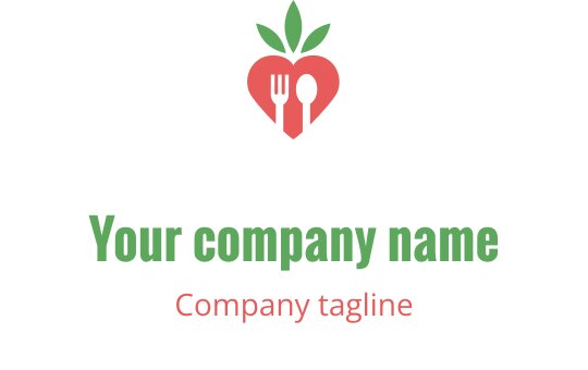 Logo a forma di cuore con forchetta e cucchiaio e foglie verdi