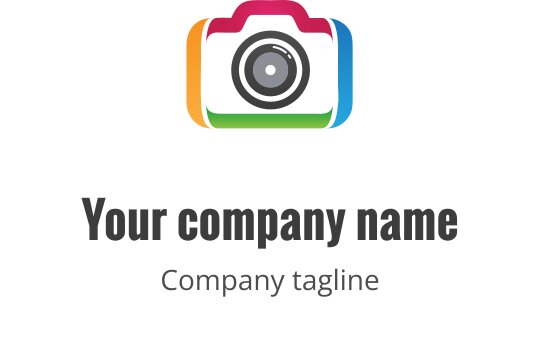 Logo di una fotocamera minimalista con accenti verdi e arancioni