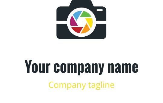 Logo di una fotocamera minimalista con elementi rossi, viola, blu e oro