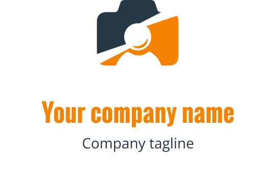 Logo design minimalista blu navy e arancione con una fotocamera stilizzata