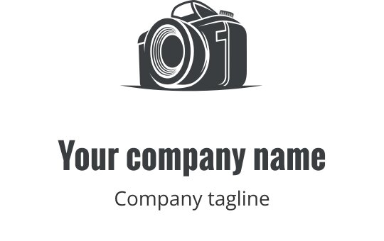 Logo di una fotocamera grigia realistica con dettagli su obiettivo e corpo