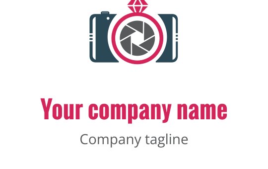 Design del logo creativo con una macchina fotografica turchese, dettagli rossi e grigi