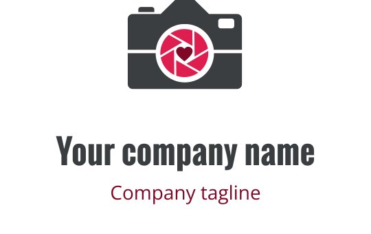 Logo di una fotocamera moderna con diaframma rosso e corpo grigio