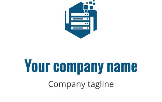 Logo moderno blu con elementi esagonali e documenti