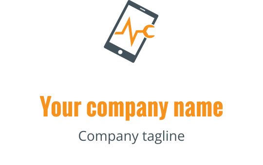 Design del logo moderno con uno smartphone e una linea del battito cardiaco in arancione e grigio