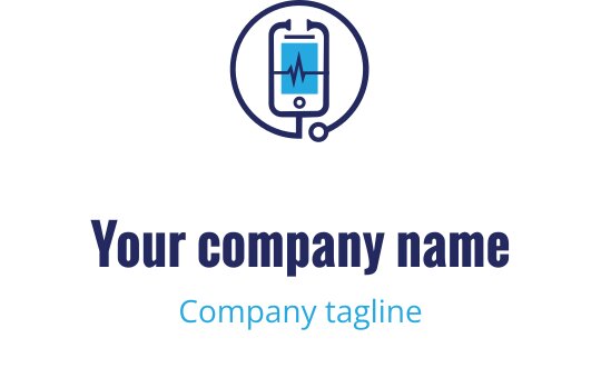 Design del logo moderno con uno smartphone e una linea del battito cardiaco in blu