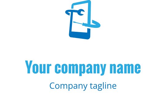 Logo moderno blu con combinazione di smartphone e chiave inglese