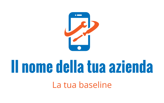Logo design moderno di uno smartphone blu con accenti arancioni e testo stilizzato