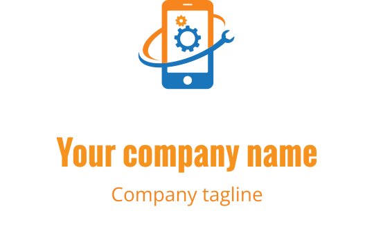 Logo design in turchese e arancione con un dispositivo mobile stilizzato e strumenti di riparazione