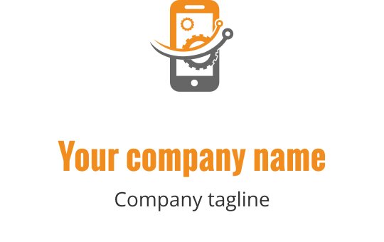 Design del logo moderno con uno smartphone, ingranaggi e un elemento a striscia