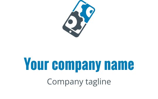 Logo design in verde e turchese con un dispositivo mobile stilizzato e strumenti di riparazione