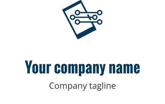 Logo moderno blu navy con un dispositivo mobile stilizzato e strumenti di riparazione