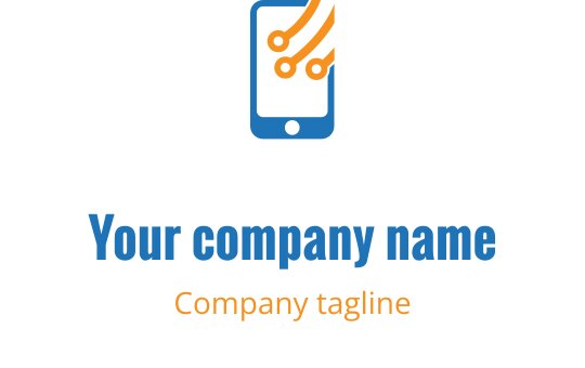 Logo moderno con uno smartphone e linee di circuito blu e arancioni
