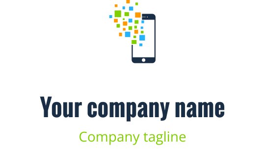 Design del logo moderno con uno smartphone e elementi pixel colorati