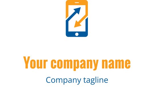 Design del logo moderno con uno smartphone e frecce verso l'alto in blu e arancione