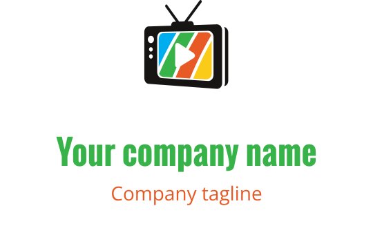 Logo design televisivo colorato con un pulsante di riproduzione e strisce vivaci