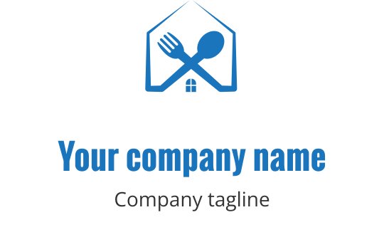 Logo di una casa moderna blu con forchetta e cucchiaio incrociati all'interno