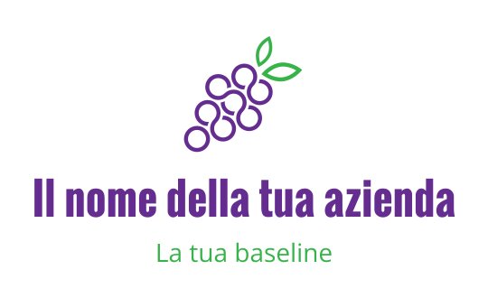 Logo design di un grappolo d'uva vibrante con foglie verdi e accenti viola